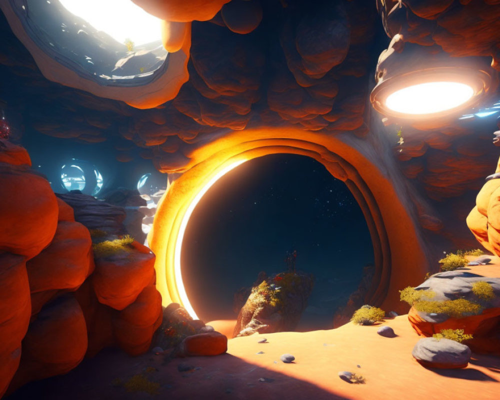 Underwater Cave with Ocean View and Starlit Portal