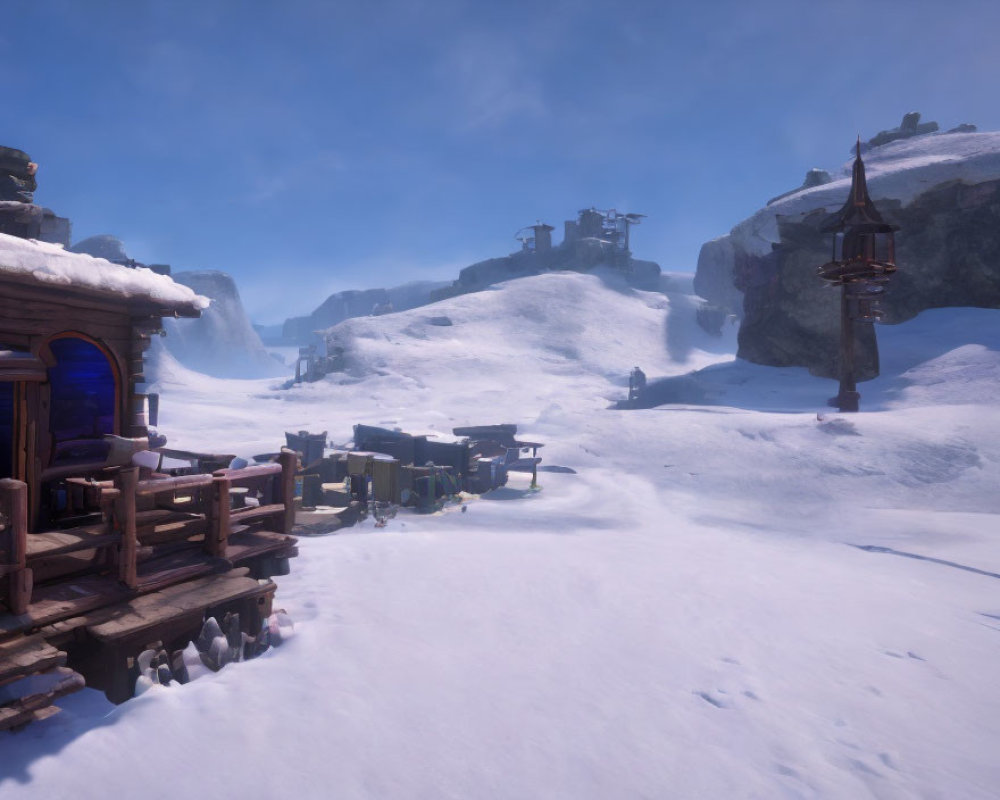 Winter scene: wooden cabin, snowy path, icy cliffs, clear sky