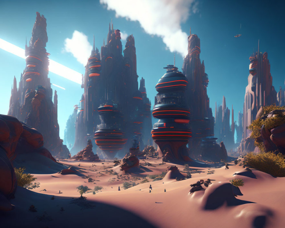 Futuristic desert landscape with towering rocks and floating spheres under a blue sky