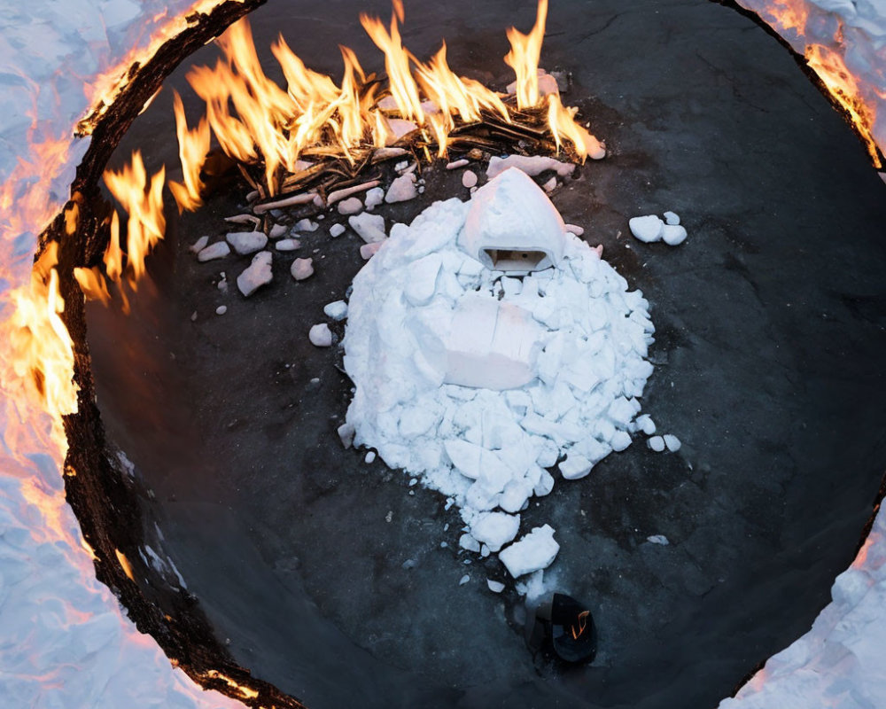 Circular fire pit with flames, igloo, and person in snowy landscape