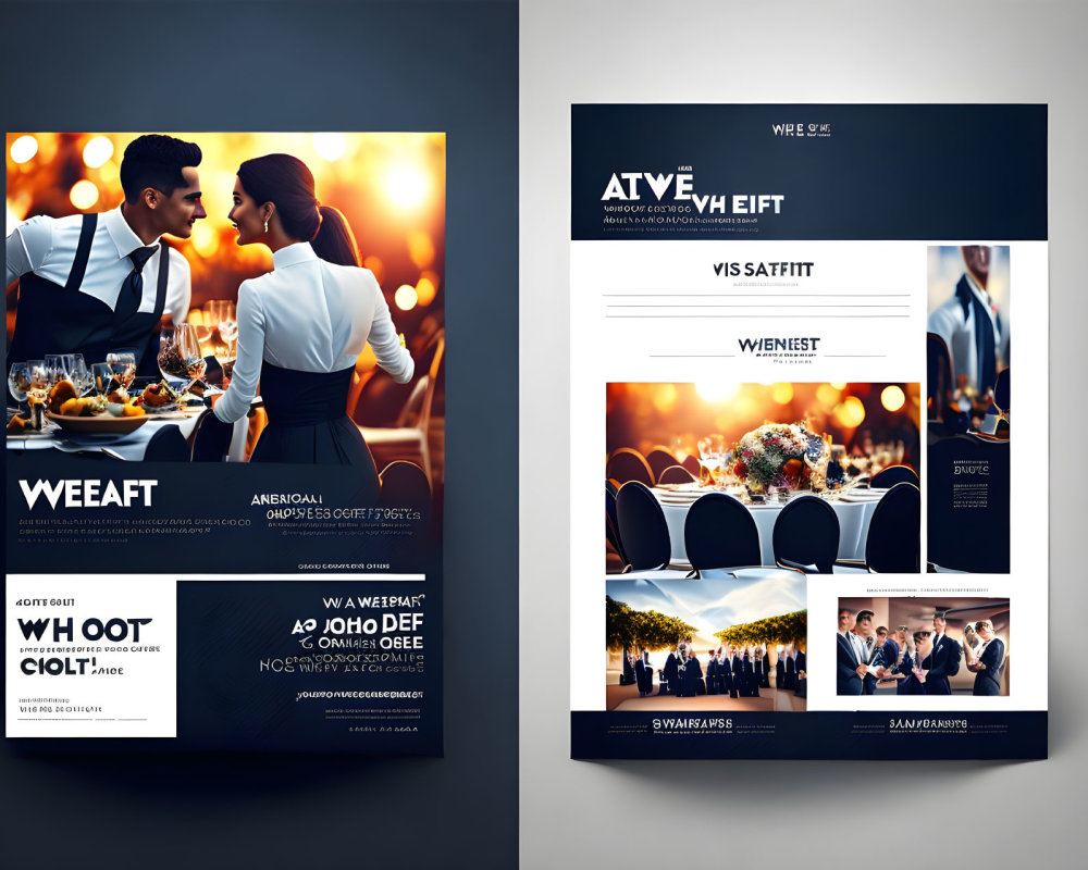 Professional man and woman converse at wine table with advertising brochure layout