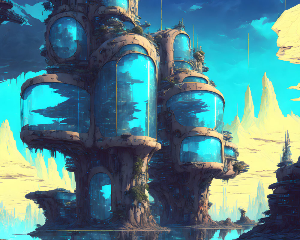 Futuristic alien city among rocky peaks with glass-like cylindrical buildings