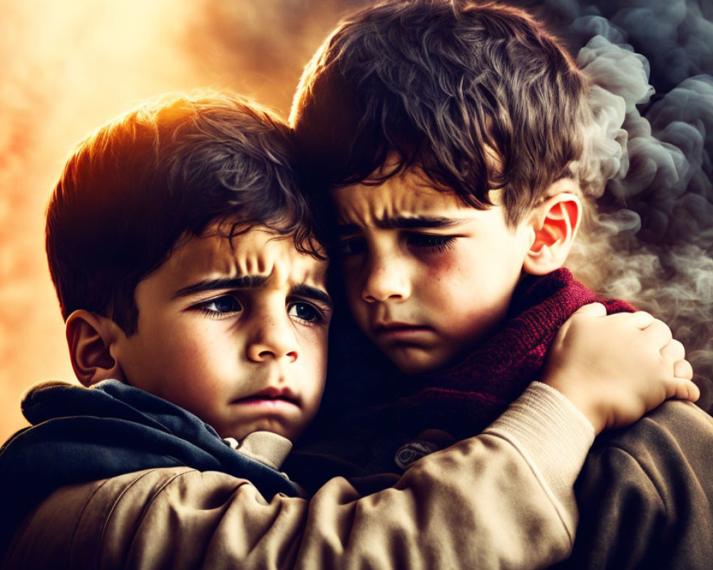 Embracing Boys in Smoke and Warm Glow