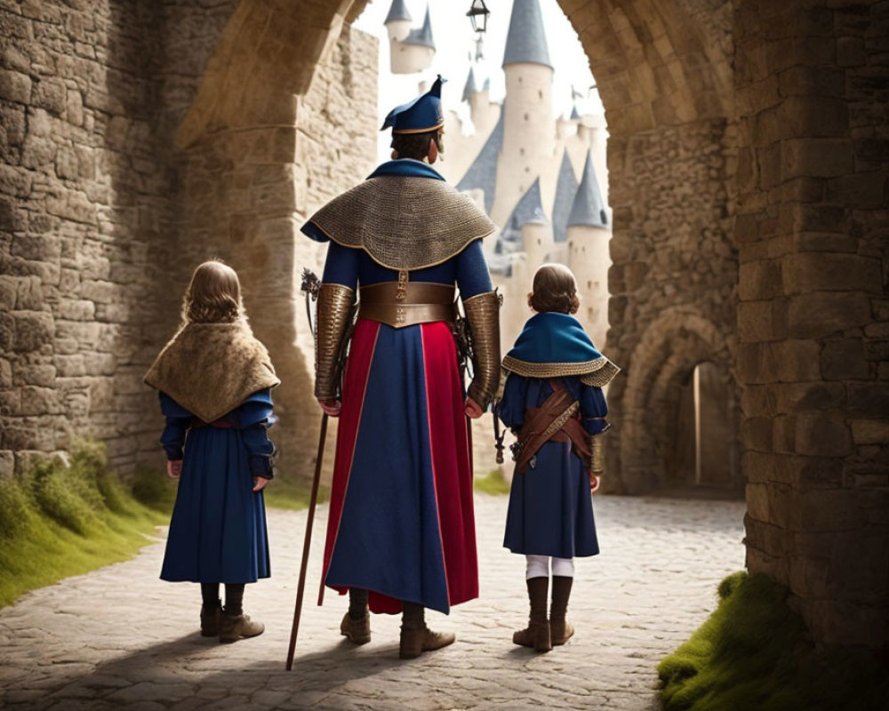Knight in armor walking with two children in medieval attire.