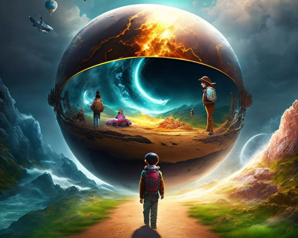 Child with backpack observing reflective sphere with fiery and serene worlds in surreal landscape