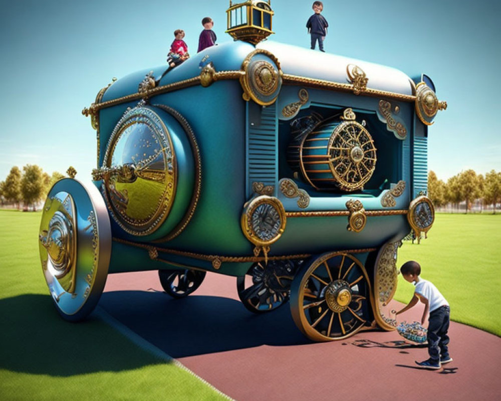 Whimsical steampunk-inspired vehicle in green field