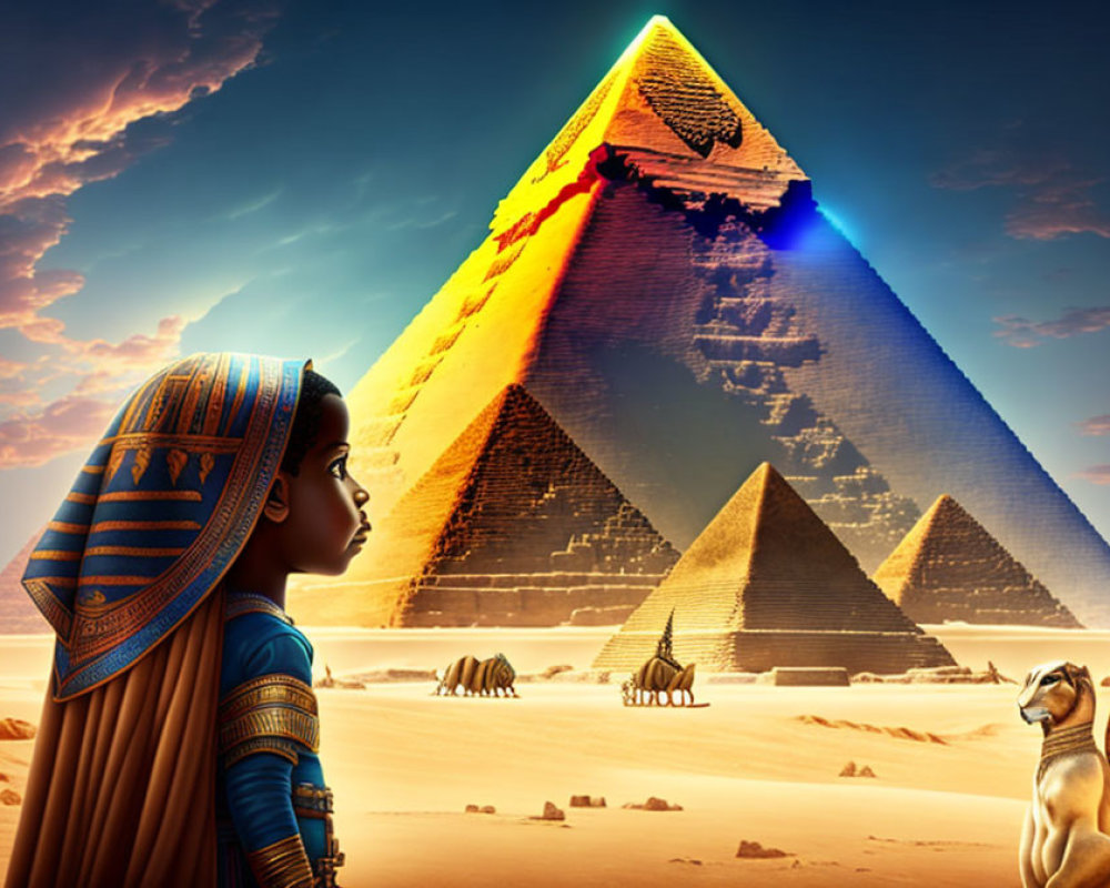 Ancient Egyptian figure admires Great Pyramids under dramatic sunset sky