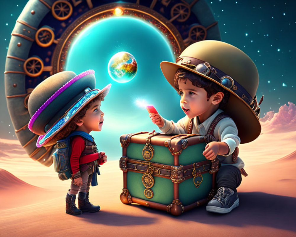 Children in explorer outfits admire floating globe with clock portal and desert landscape