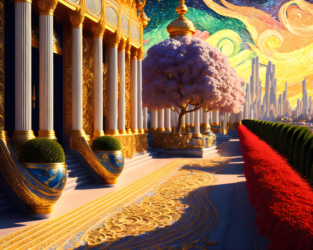 Surreal corridor with classical columns, gold details, cherry tree, Van Gogh-style sky