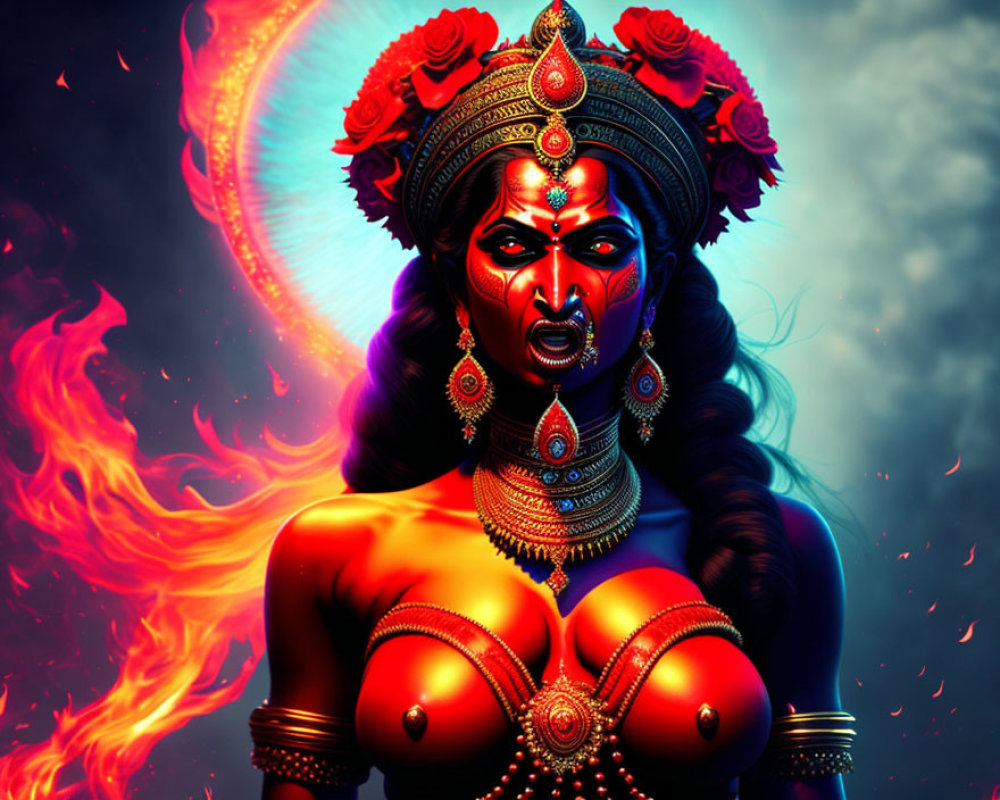 Vibrant fiery female figure with gold headgear and multiple arms