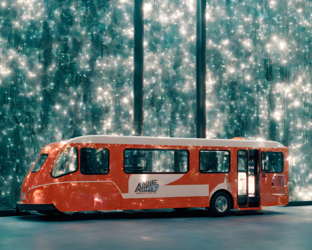 Red Futuristic Bus Parked in Front of Sparkling Light Wall