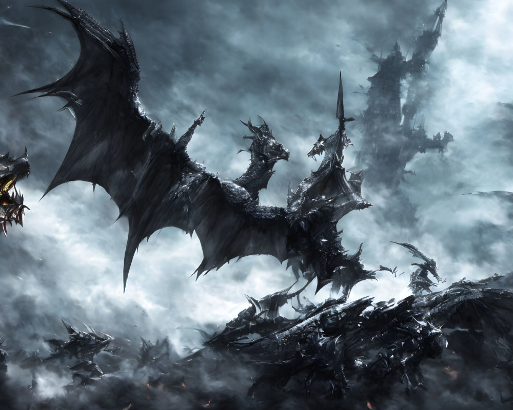 Dark Winged Dragon in Fantasy Battle with Fog and Ominous Structures