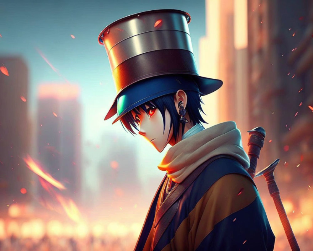 Stylized animated character with top hat and blue hair in ember-filled scene