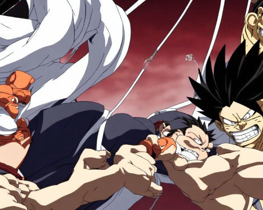 Dynamic animated image of three characters in intense action pose