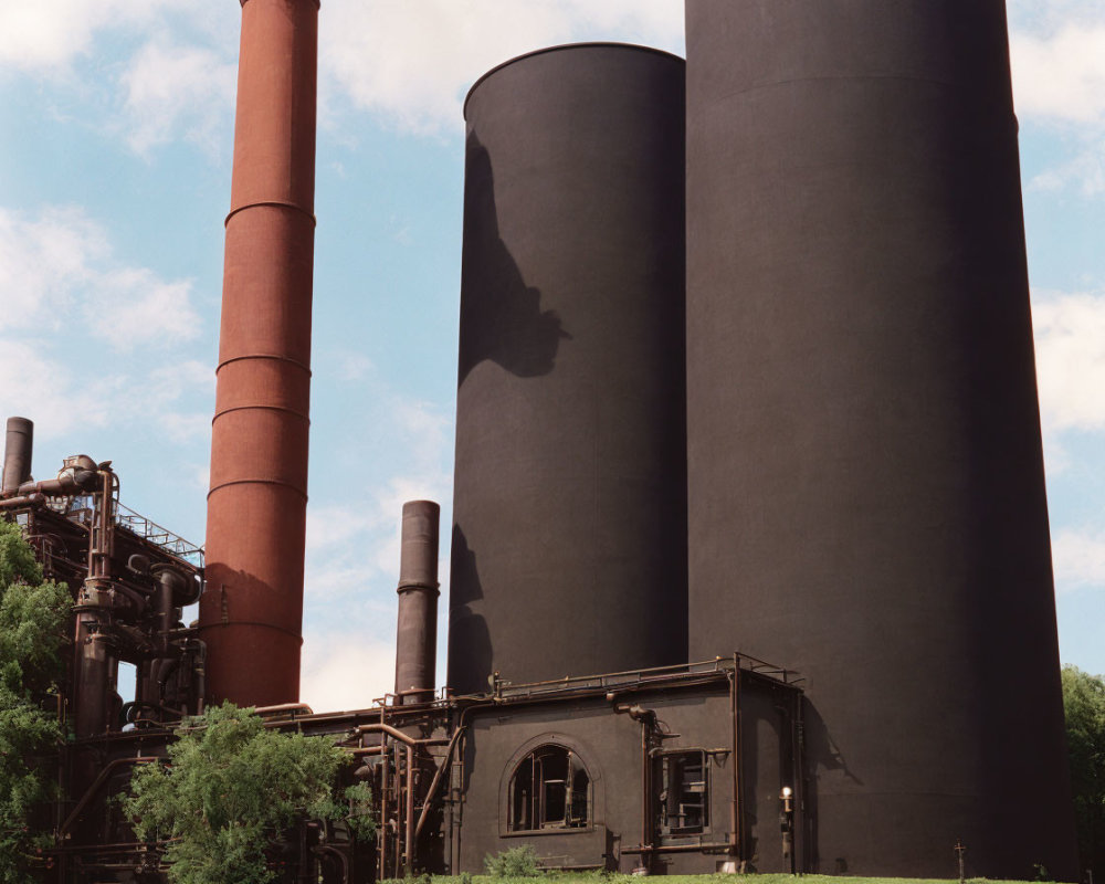 Industrial site featuring two cylindrical towers - one red, one black - under a blue sky with scattered clouds