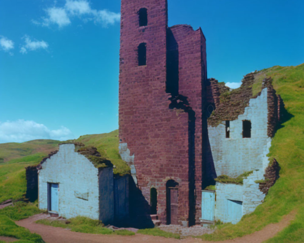 Historical red brick ruin with arched doorways on grassy hills
