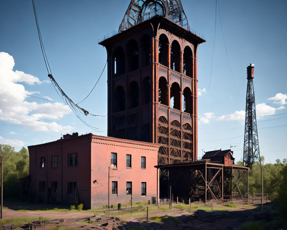 Vintage industrial brick building with ornate metal tower under clear sky