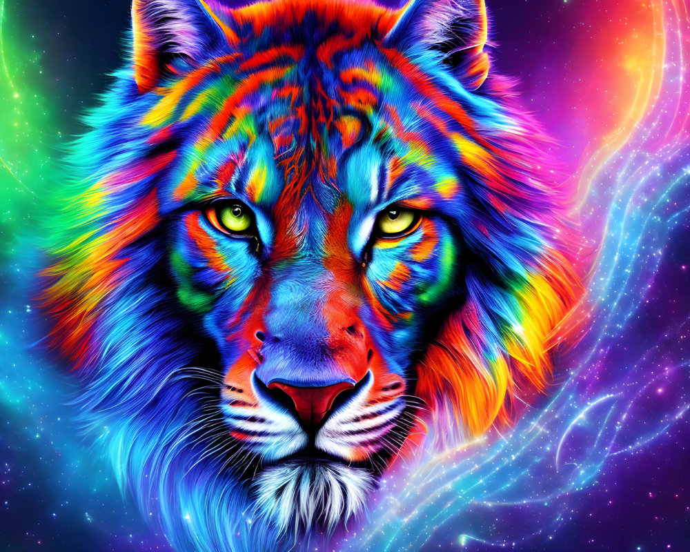 Colorful Tiger Head on Psychedelic Cosmic Background