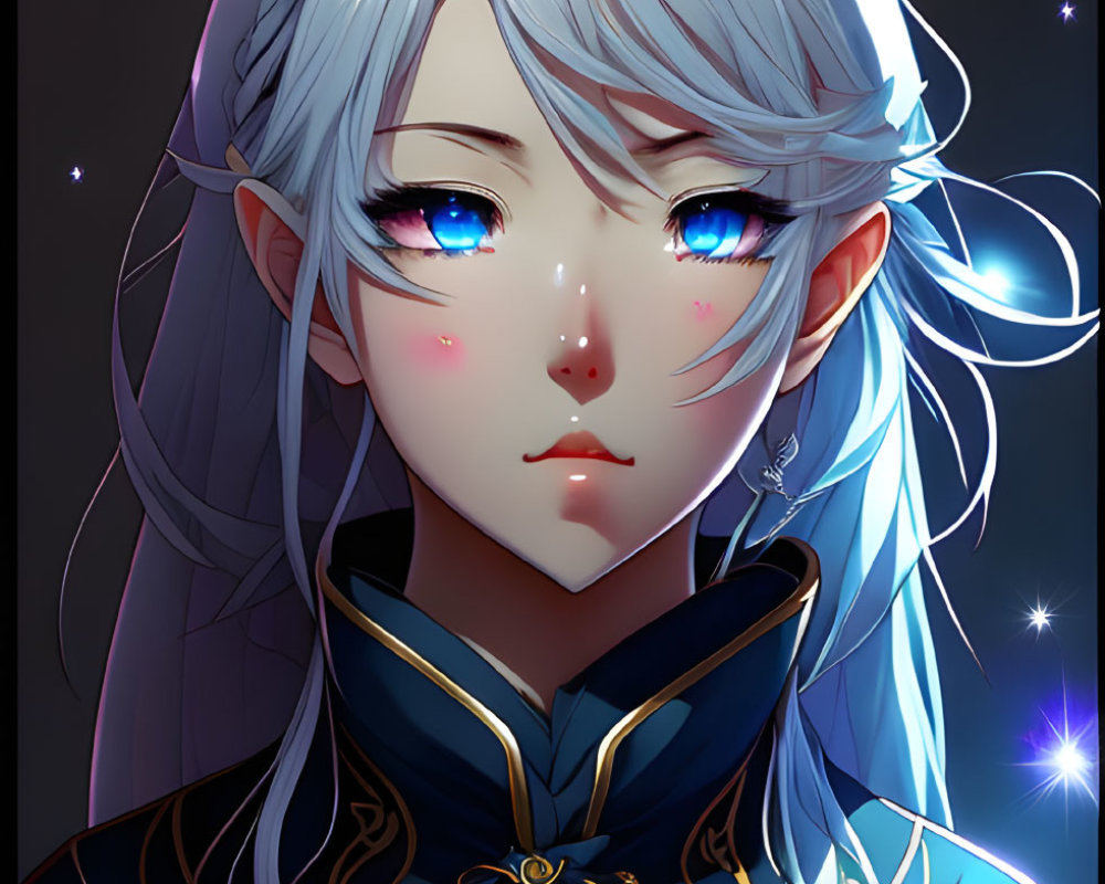 Anime-style character with icy blue hair, blue eyes, dark uniform, golden accents, white rose