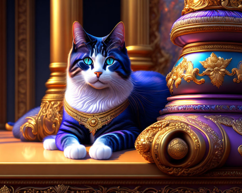 Regal Cat with Striking Blue Eyes Beside Golden Pillows