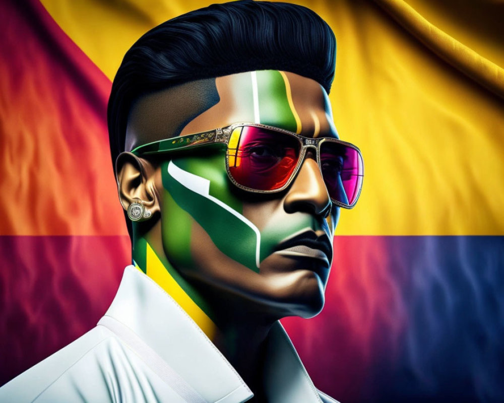 Stylish man with high-top fade hairstyle in sunglasses on colorful background