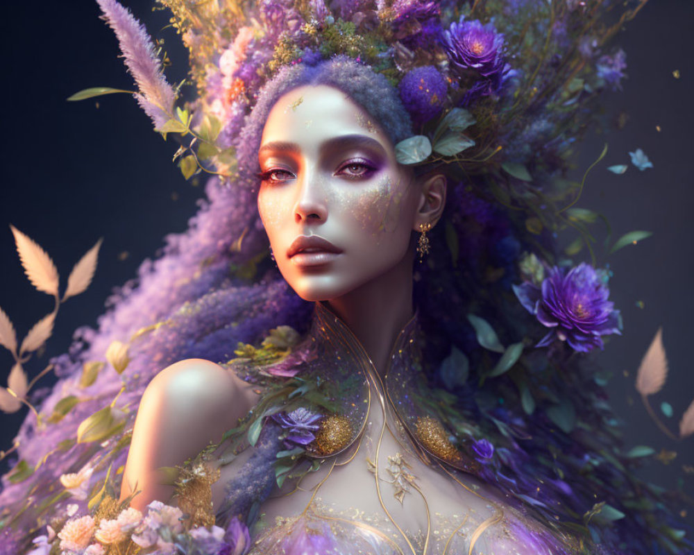 Ethereal woman portrait with floral adornments and glittering makeup