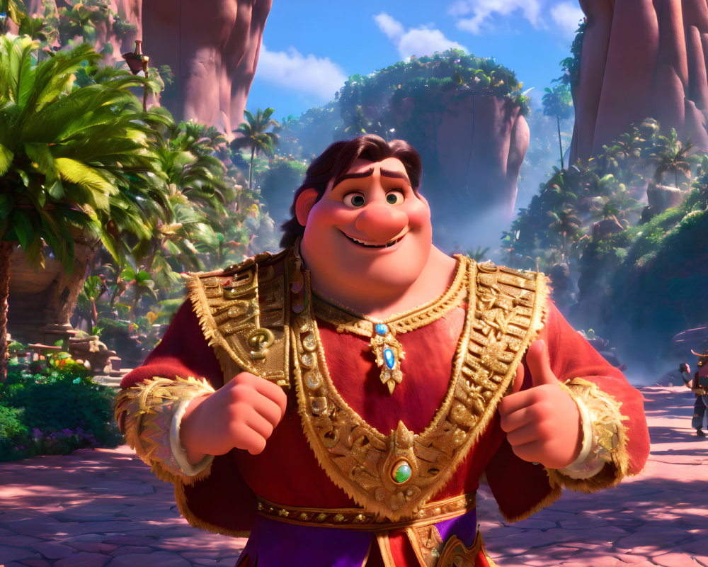 Animated character in regal outfit with cape and medallion in tropical setting