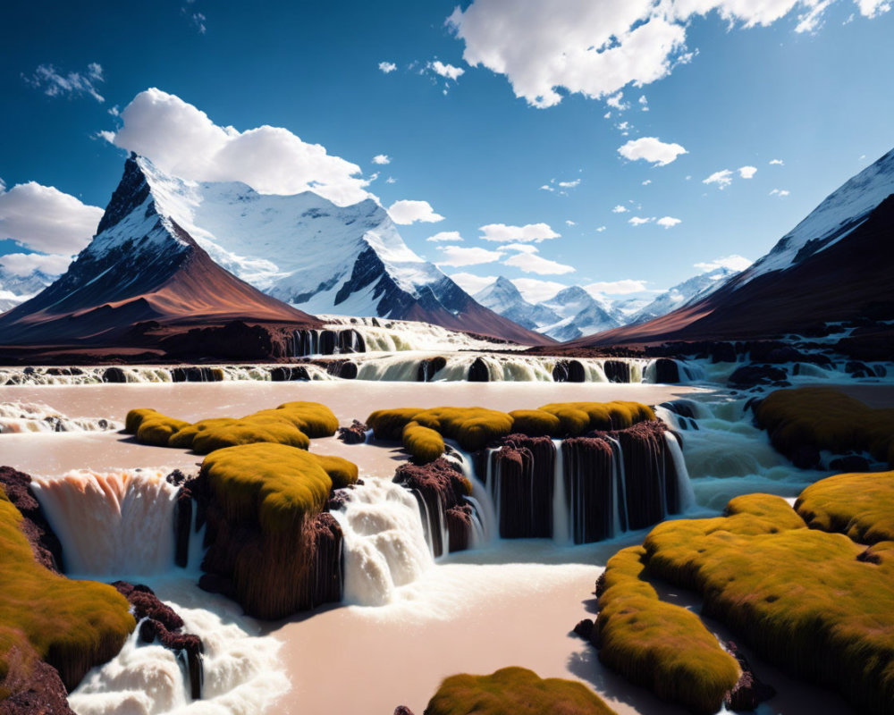 Scenic landscape with multilevel waterfall, moss-covered rocks, snowy mountains, and blue sky