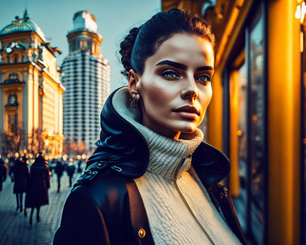 Pensive woman with sleek hair and striking makeup on city street at golden hour