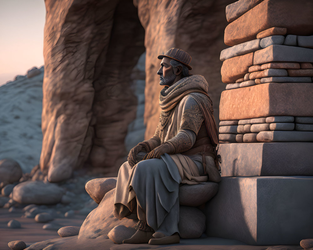 Pensive person in desert attire gazes into distance at dusk