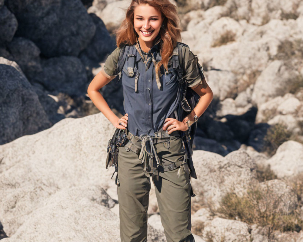 Smiling woman in hiking attire on rocky terrain under bright sunlight