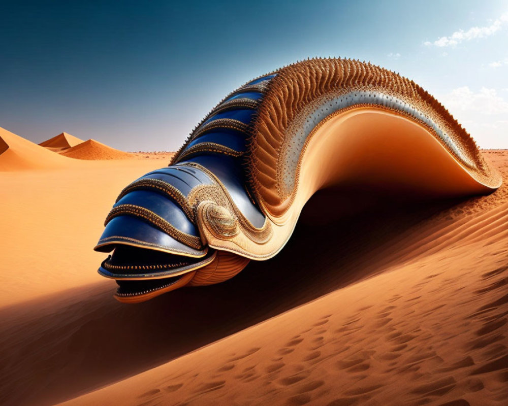 Surreal desert scene with large morphed sand dune in fractal-like shell form