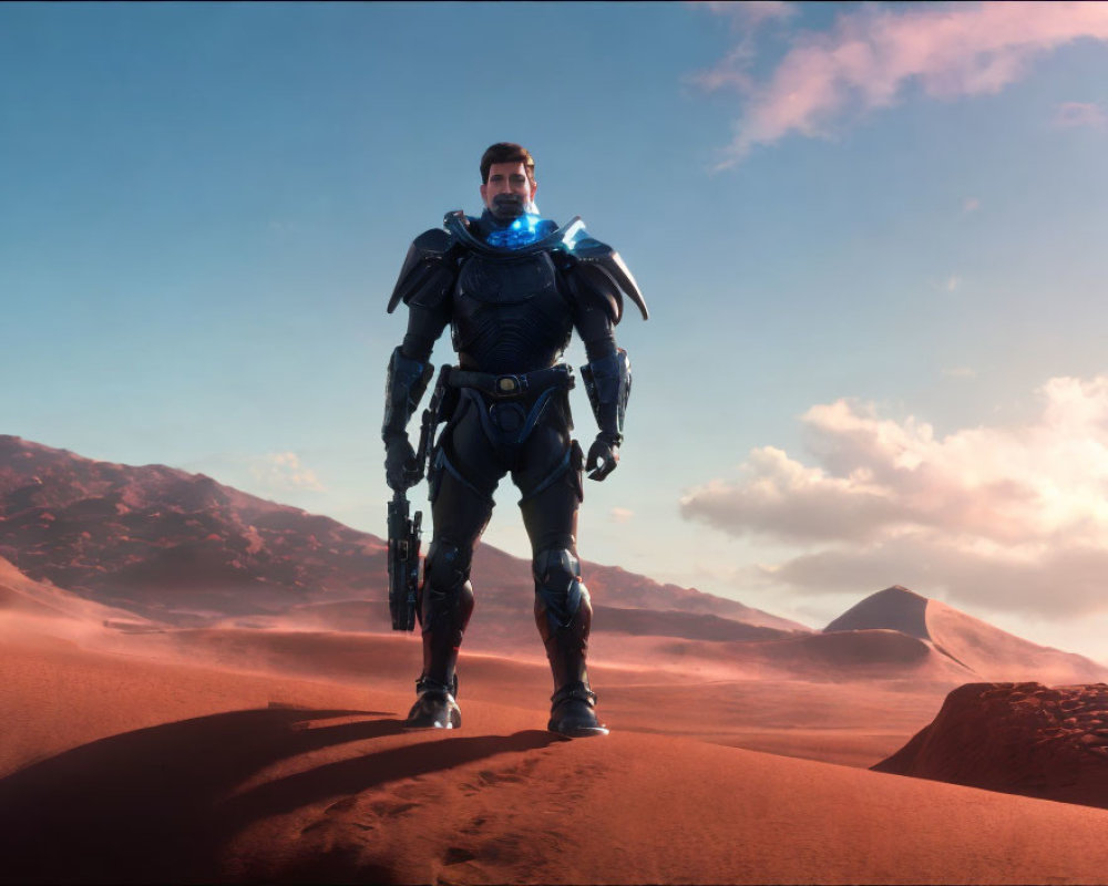 Futuristic armored person with glowing blue neckpiece in desert landscape