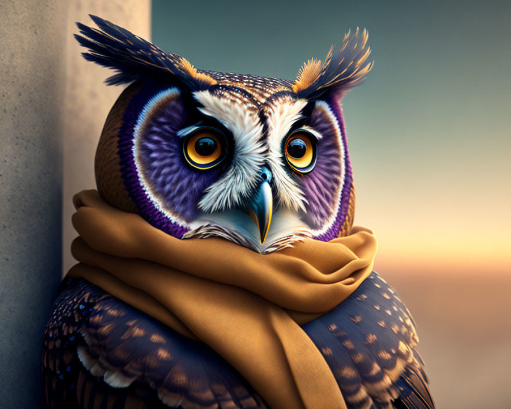 Colorful Owl in Scarf with Yellow and Blue Feathers and Orange Eyes