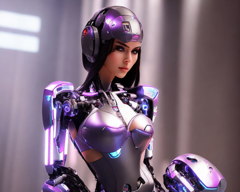 Female Android in Purple and Silver Armor with Futuristic Helmet and Glowing Elements