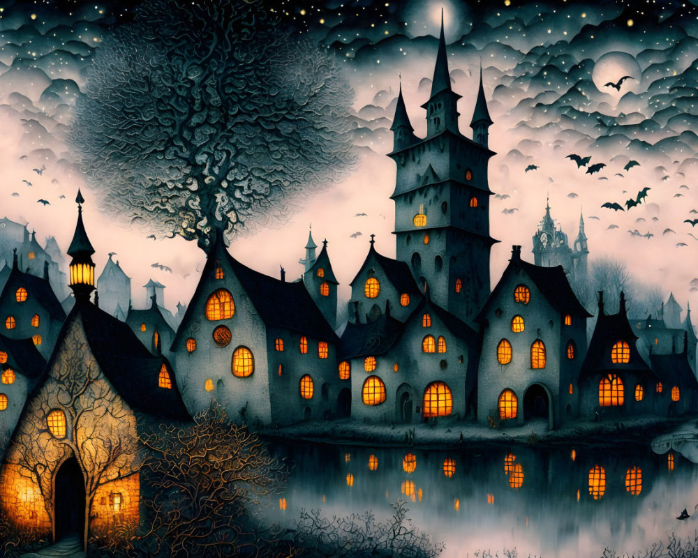 Whimsical Village Under Starry Night Sky with Bats
