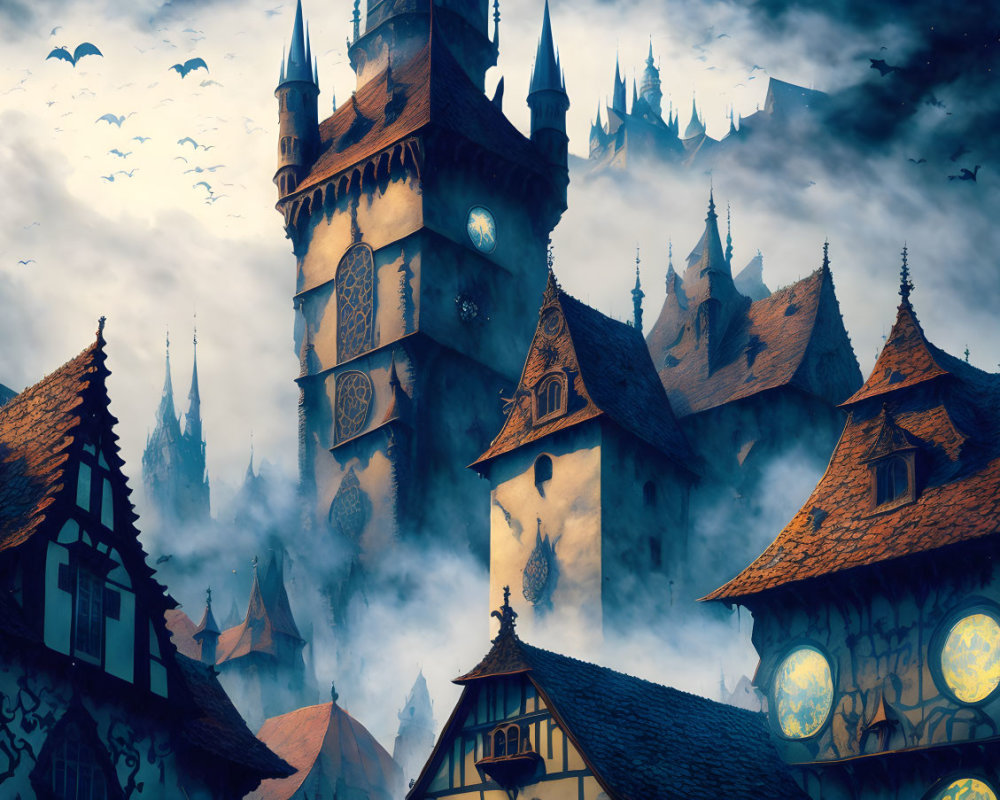 Whimsical Medieval Village with Gothic Castle Landscape