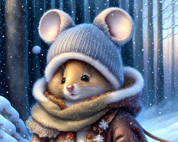 Whimsical Mouse in Cozy Hat in Snowy Forest Scene