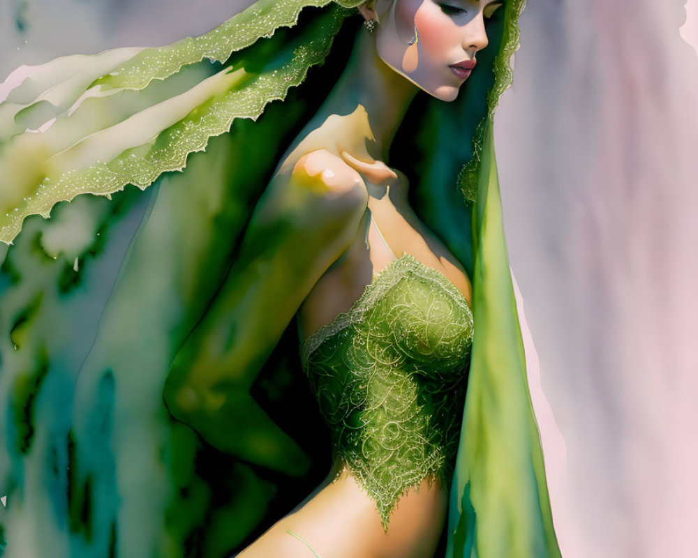 Elegant figure in green lace bodice and sheer veil