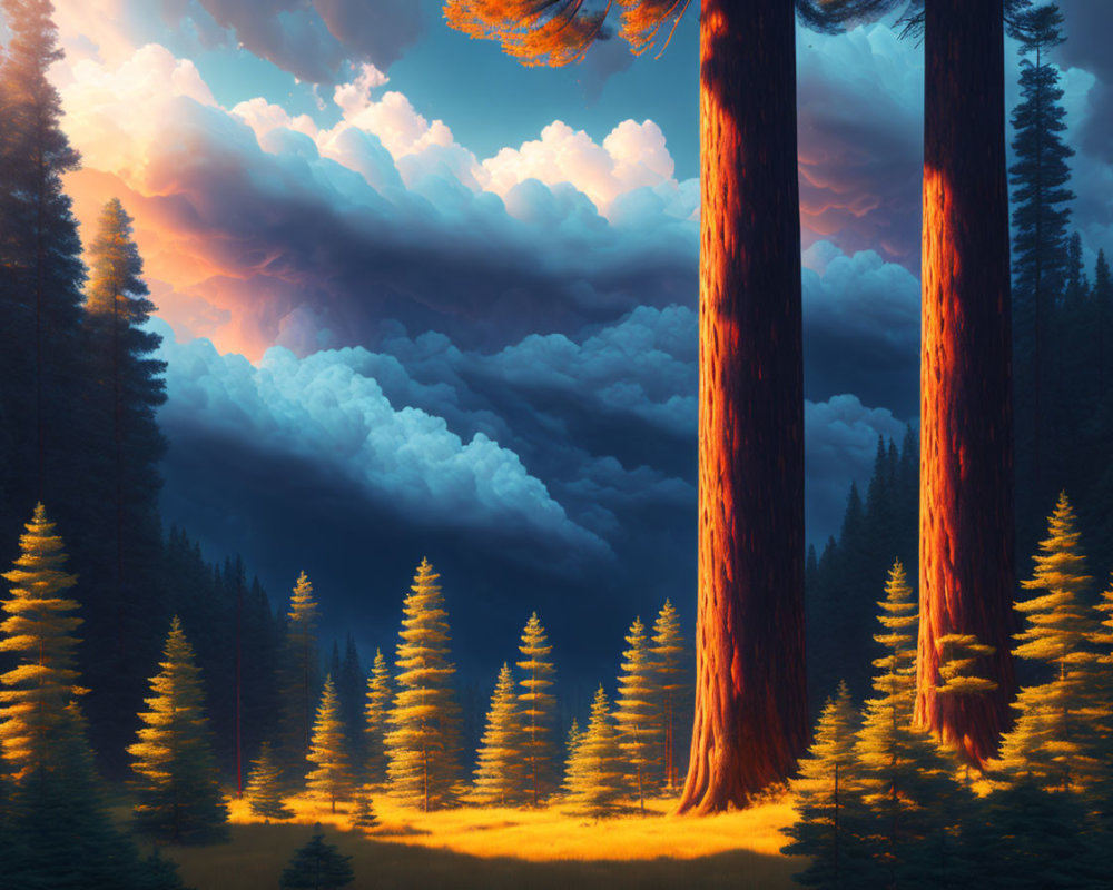 Lush Forest Landscape with Towering Trees and Sunbeam