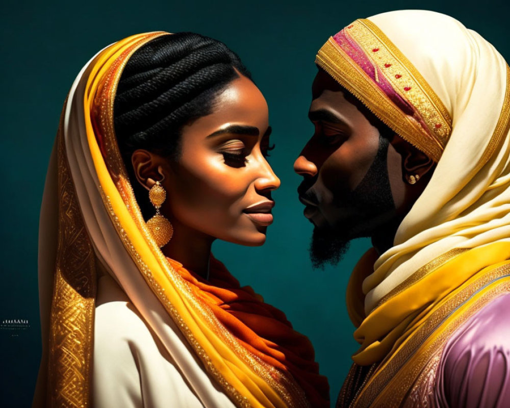 Traditional attire-clad individuals in tender moment with foreheads touching