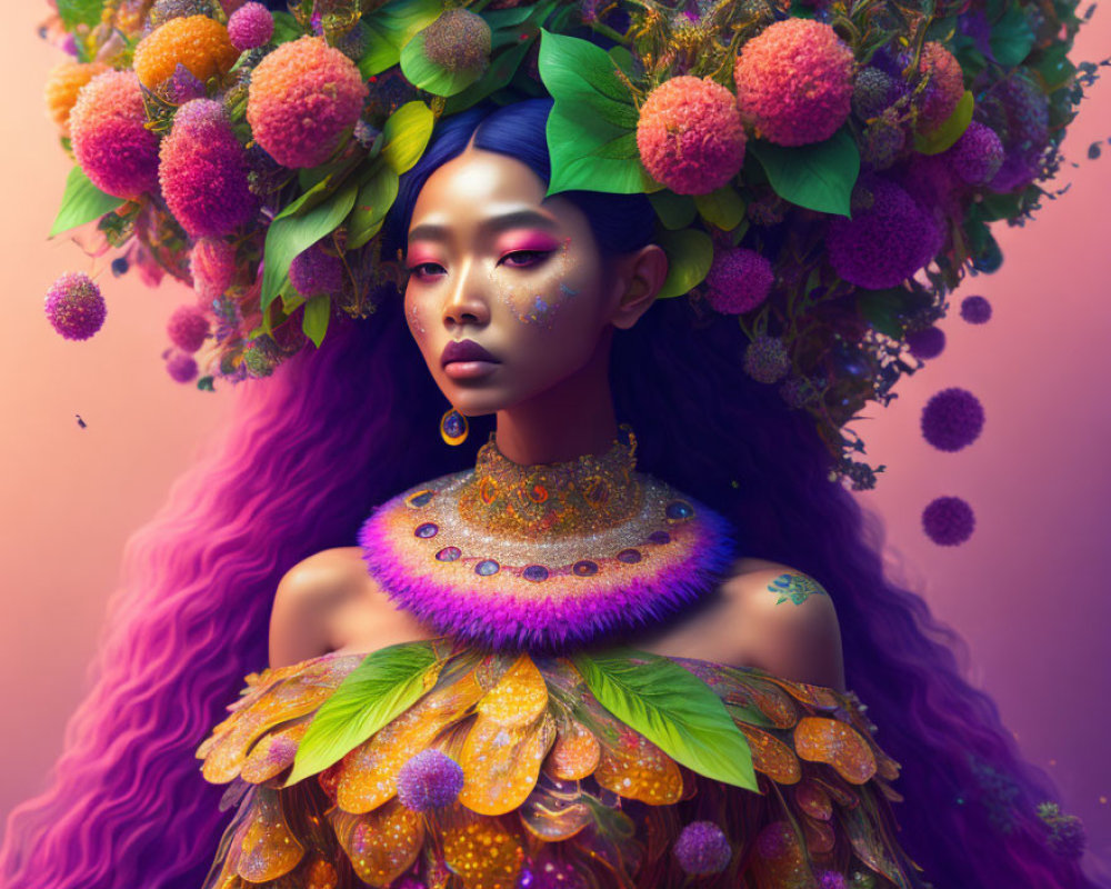 Vibrant purple hair woman with fruit headpiece on pink background