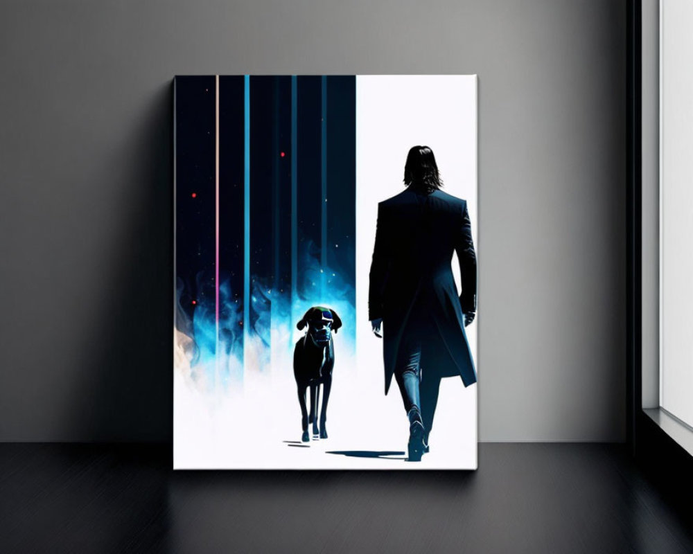 Silhouetted man and dog canvas art print on blue backdrop against gray wall