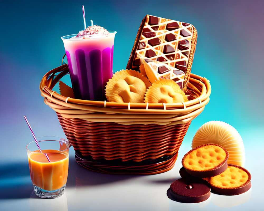 Colorful Cookies Basket with Orange Juice and Purple Milkshake on Reflective Surface