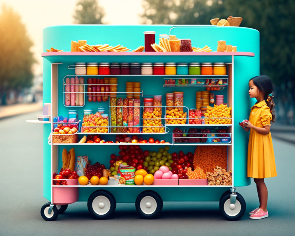 Young girl in yellow dress next to colorful snack cart with candies and chips on street