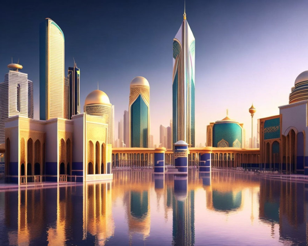Modern skyscrapers and traditional domed buildings in futuristic cityscape.