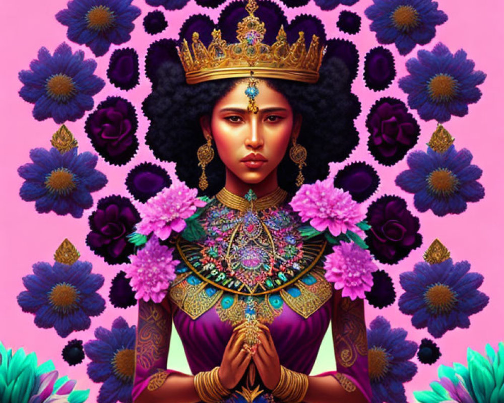 Regal woman with golden crown and jewelry in traditional pose surrounded by vibrant flowers on pink background
