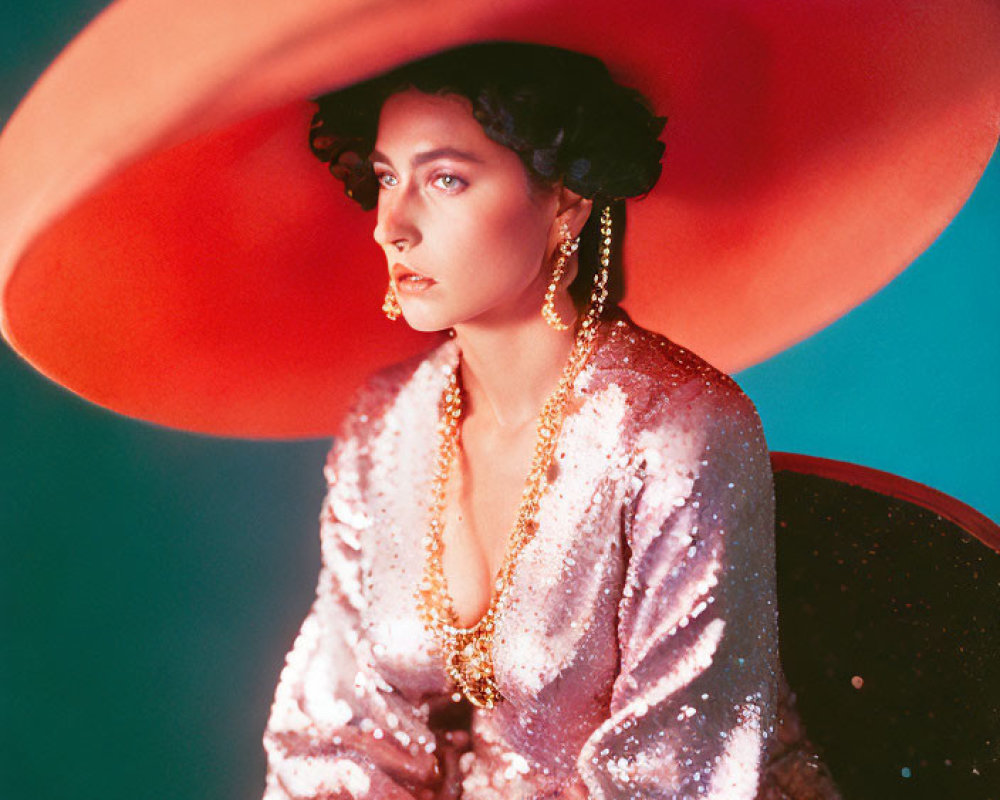 Woman in Sparkling Outfit & Red Hat Poses Against Teal Background