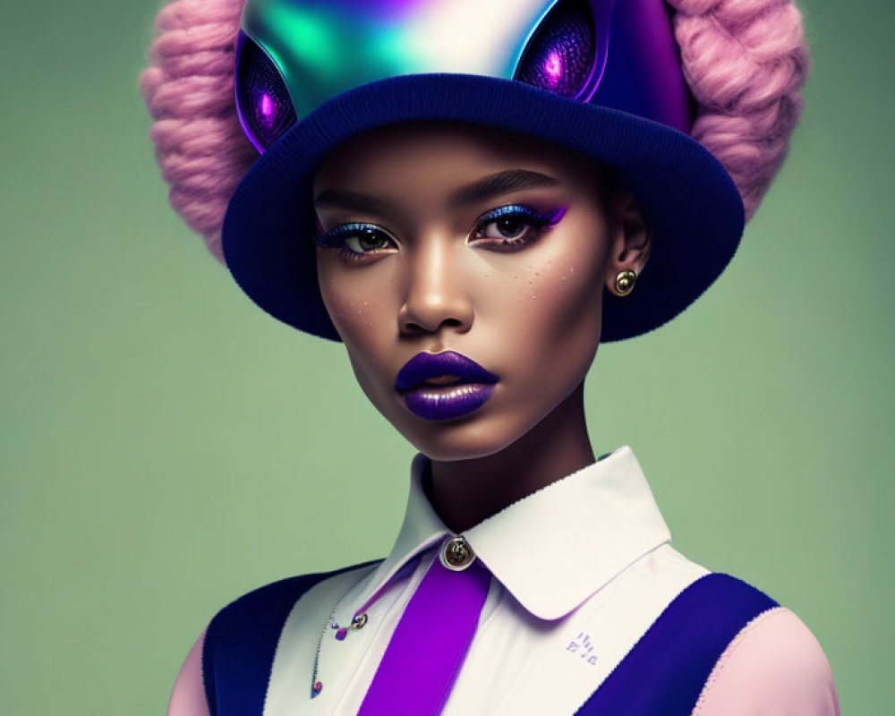 Woman with futuristic purple cat hat and pink earmuffs on green background