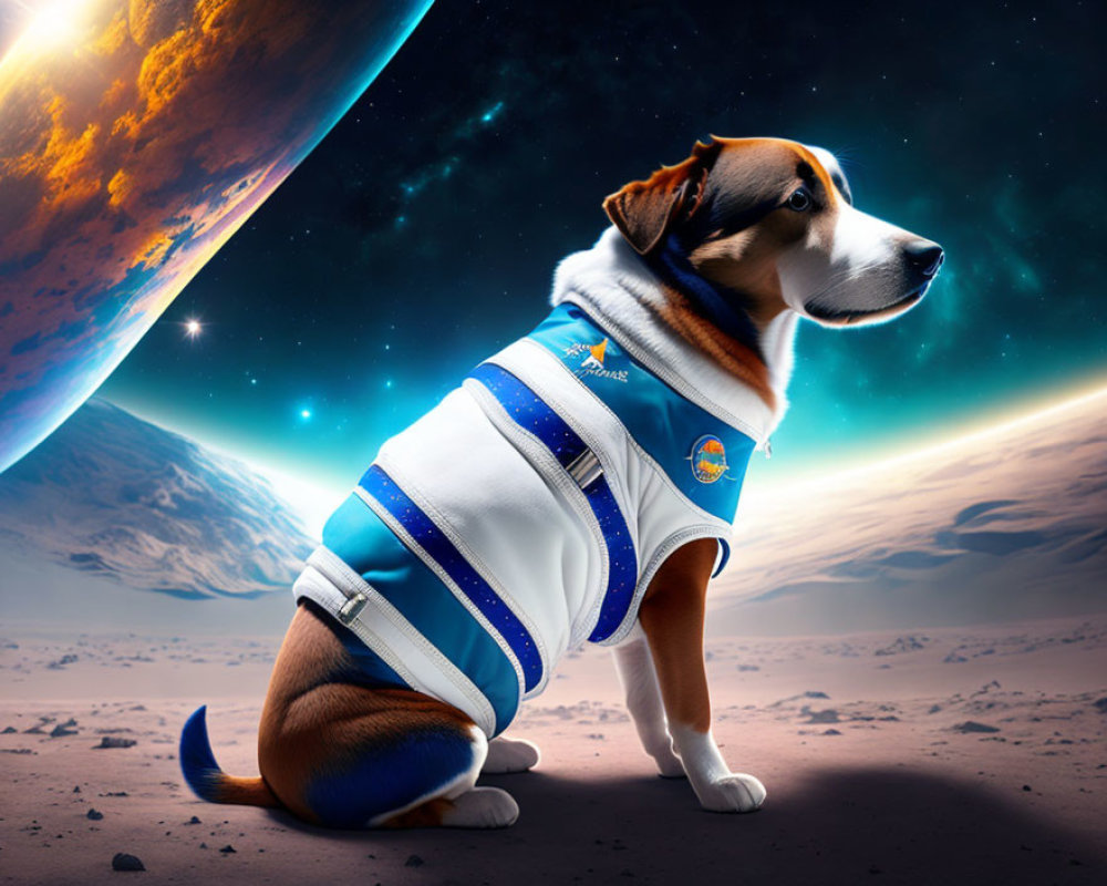 Dog in astronaut suit on dusty alien planet with large planet and stars.